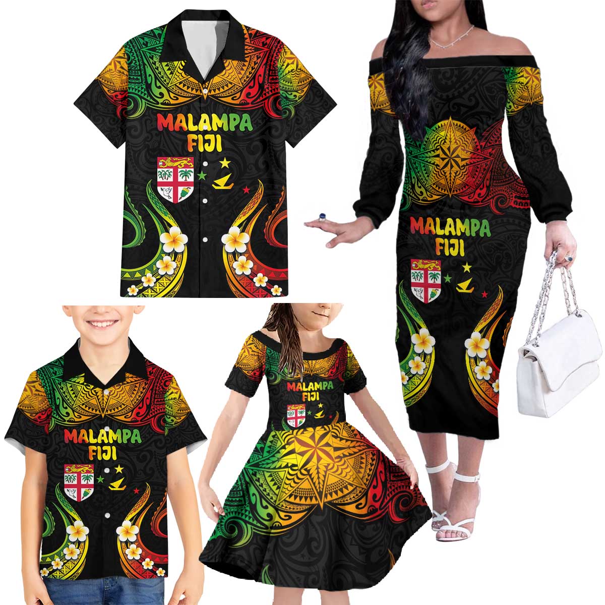 Personalised Malampa Fiji Day Family Matching Off The Shoulder Long Sleeve Dress and Hawaiian Shirt Polynesian Tattoo and Plumeria Reggae Color LT03 - Polynesian Pride