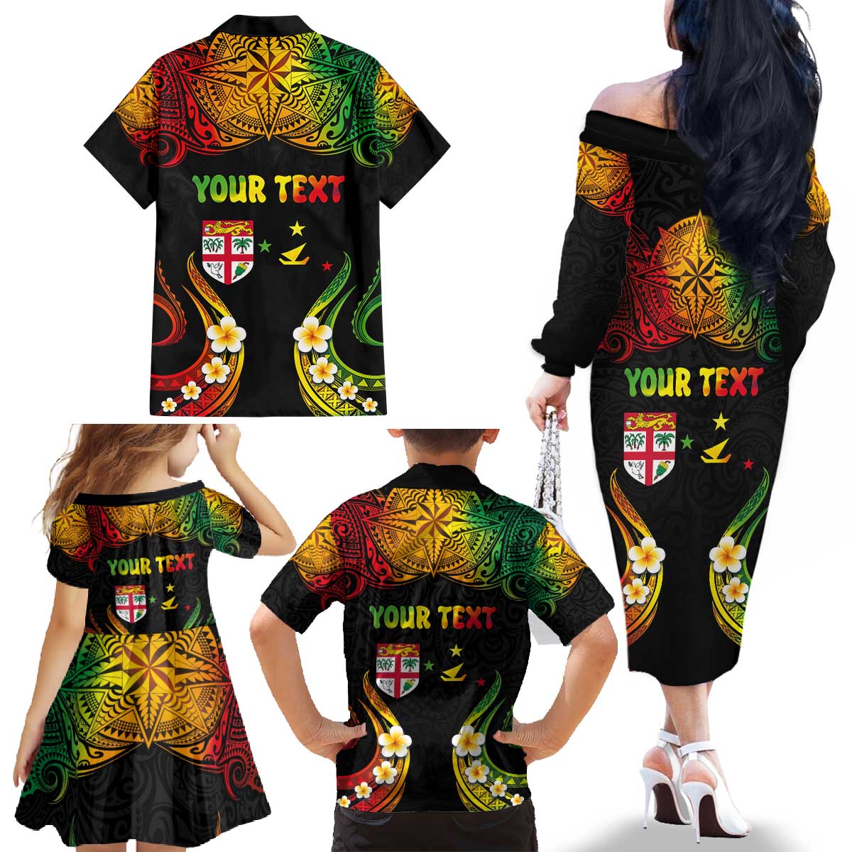 Personalised Malampa Fiji Day Family Matching Off The Shoulder Long Sleeve Dress and Hawaiian Shirt Polynesian Tattoo and Plumeria Reggae Color LT03 - Polynesian Pride