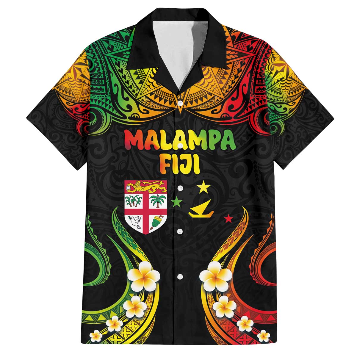Personalised Malampa Fiji Day Family Matching Off The Shoulder Long Sleeve Dress and Hawaiian Shirt Polynesian Tattoo and Plumeria Reggae Color LT03 Dad's Shirt - Short Sleeve Reggae - Polynesian Pride