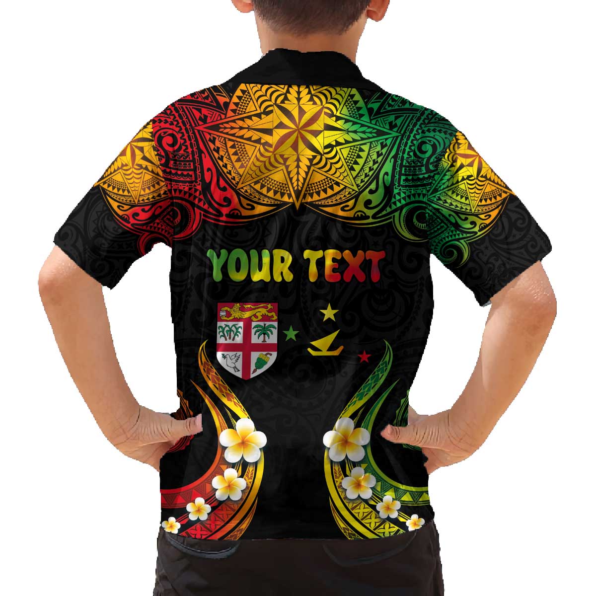 Personalised Malampa Fiji Day Family Matching Off Shoulder Short Dress and Hawaiian Shirt Polynesian Tattoo and Plumeria Reggae Color LT03 - Polynesian Pride
