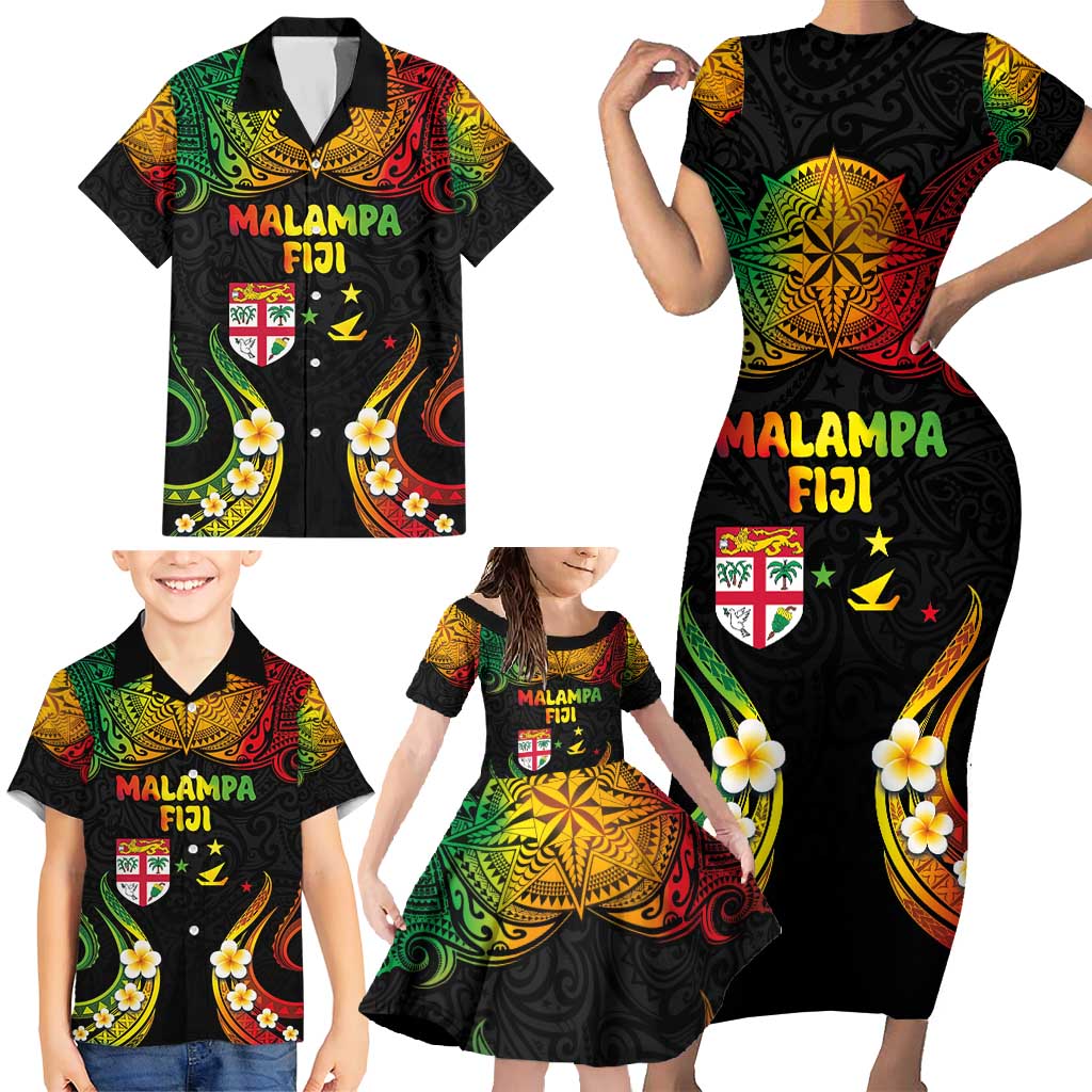 Personalised Malampa Fiji Day Family Matching Short Sleeve Bodycon Dress and Hawaiian Shirt Polynesian Tattoo and Plumeria Reggae Color LT03 - Polynesian Pride
