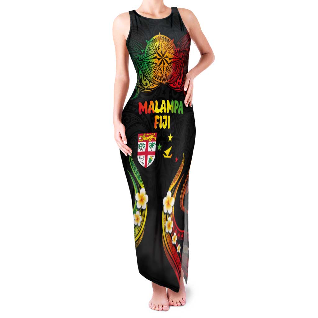 Personalised Malampa Fiji Day Family Matching Tank Maxi Dress and Hawaiian Shirt Polynesian Tattoo and Plumeria Reggae Color LT03 Mom's Dress Reggae - Polynesian Pride