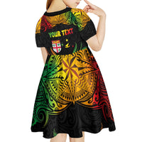 Personalised Malampa Fiji Day Kid Short Sleeve Dress Polynesian Tattoo and Plumeria Reggae Color LT03 - Polynesian Pride