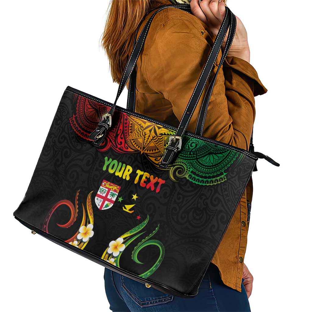 Personalised Malampa Fiji Day Leather Tote Bag Polynesian Tattoo and Plumeria Reggae Color LT03 - Polynesian Pride
