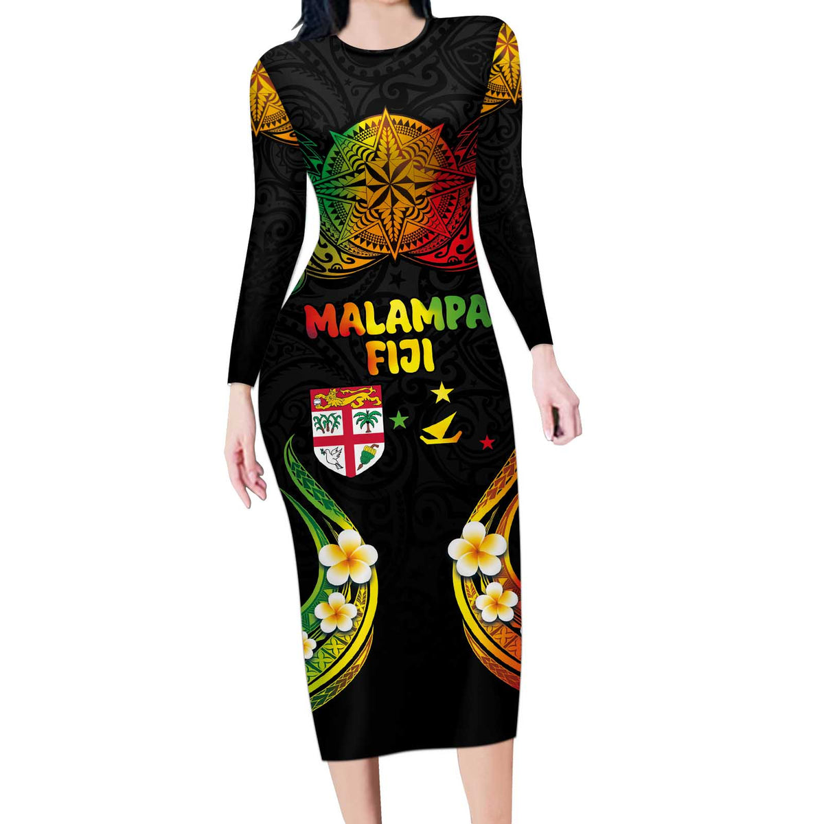Personalised Malampa Fiji Day Long Sleeve Bodycon Dress Polynesian Tattoo and Plumeria Reggae Color LT03 Long Dress Reggae - Polynesian Pride