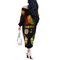 Personalised Malampa Fiji Day Off The Shoulder Long Sleeve Dress Polynesian Tattoo and Plumeria Reggae Color LT03 - Polynesian Pride