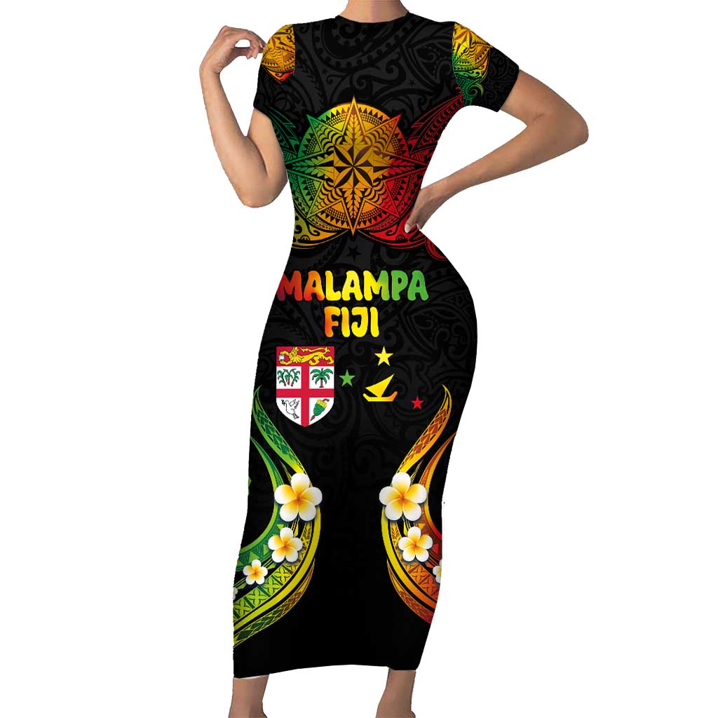 Personalised Malampa Fiji Day Short Sleeve Bodycon Dress Polynesian Tattoo and Plumeria Reggae Color LT03 Long Dress Reggae - Polynesian Pride