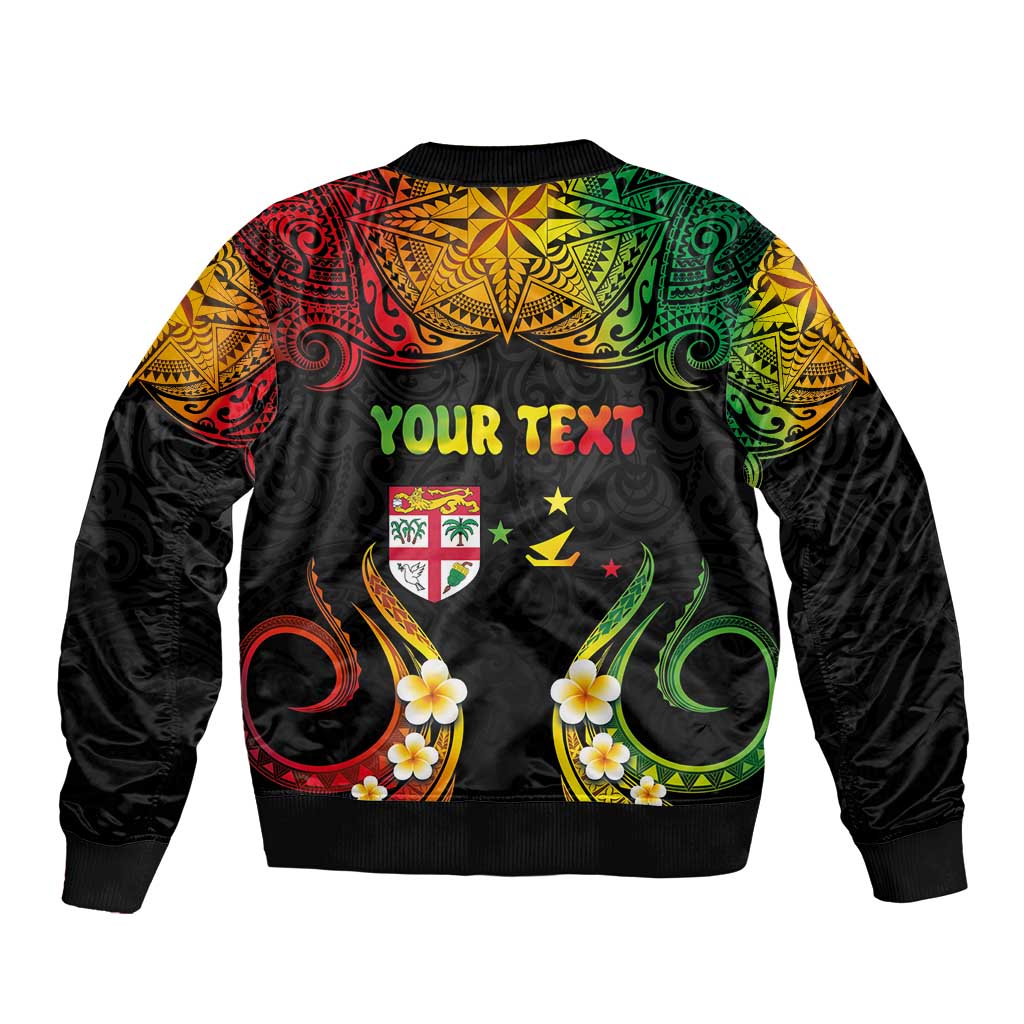 Personalised Malampa Fiji Day Sleeve Zip Bomber Jacket Polynesian Tattoo and Plumeria Reggae Color LT03 - Polynesian Pride