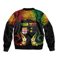 Personalised Malampa Fiji Day Sleeve Zip Bomber Jacket Polynesian Tattoo and Plumeria Reggae Color LT03 - Polynesian Pride