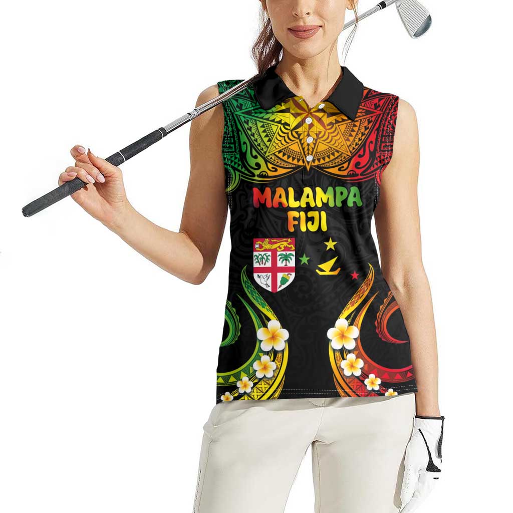 Personalised Malampa Fiji Day Women Sleeveless Polo Shirt Polynesian Tattoo and Plumeria Reggae Color LT03 - Polynesian Pride