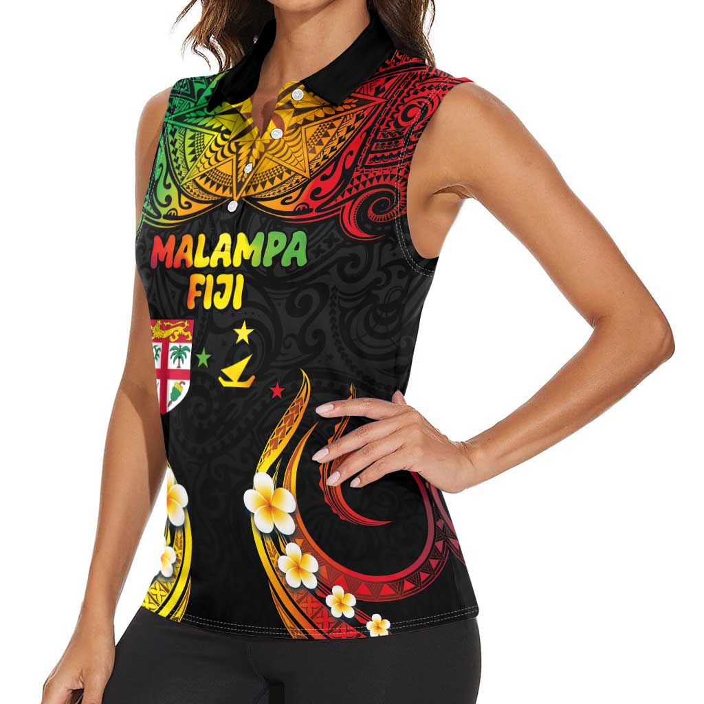 Personalised Malampa Fiji Day Women Sleeveless Polo Shirt Polynesian Tattoo and Plumeria Reggae Color LT03 - Polynesian Pride