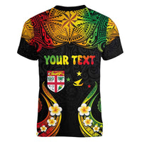 Personalised Malampa Fiji Day Women V-Neck T-Shirt Polynesian Tattoo and Plumeria Reggae Color LT03 - Polynesian Pride