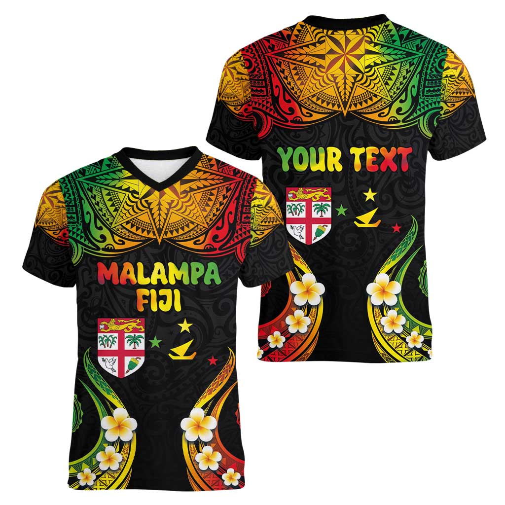 Personalised Malampa Fiji Day Women V-Neck T-Shirt Polynesian Tattoo and Plumeria Reggae Color LT03 - Polynesian Pride