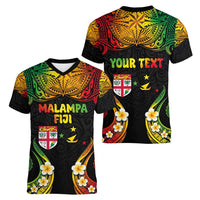 Personalised Malampa Fiji Day Women V-Neck T-Shirt Polynesian Tattoo and Plumeria Reggae Color LT03 - Polynesian Pride