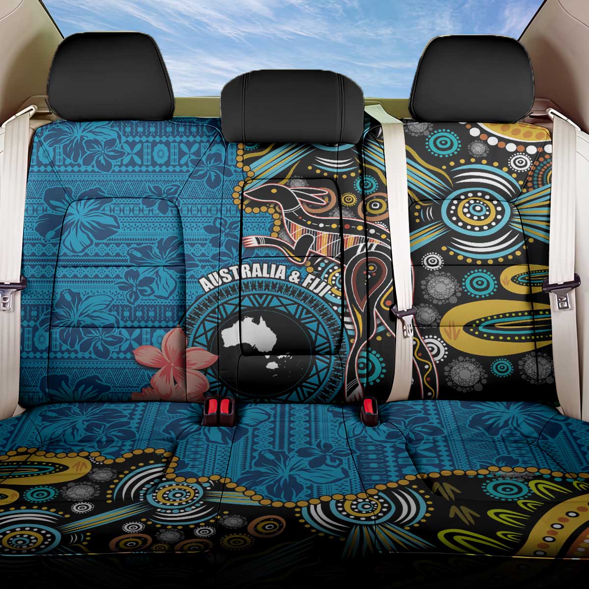 Fiji and Australia Kangaroos Back Car Seat Cover Indigenous Aboriginal and Fijian Masi Tribal Tattoo LT03 One Size Blue - Polynesian Pride