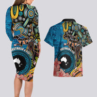 Fiji and Australia Kangaroos Couples Matching Long Sleeve Bodycon Dress and Hawaiian Shirt Indigenous Aboriginal and Fijian Masi Tribal Tattoo LT03 - Polynesian Pride