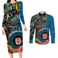 Fiji and Australia Kangaroos Couples Matching Long Sleeve Bodycon Dress and Long Sleeve Button Shirt Indigenous Aboriginal and Fijian Masi Tribal Tattoo LT03 Blue - Polynesian Pride
