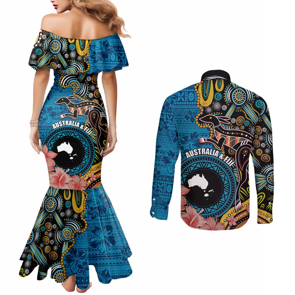 Fiji and Australia Kangaroos Couples Matching Mermaid Dress and Long Sleeve Button Shirt Indigenous Aboriginal and Fijian Masi Tribal Tattoo LT03 - Polynesian Pride