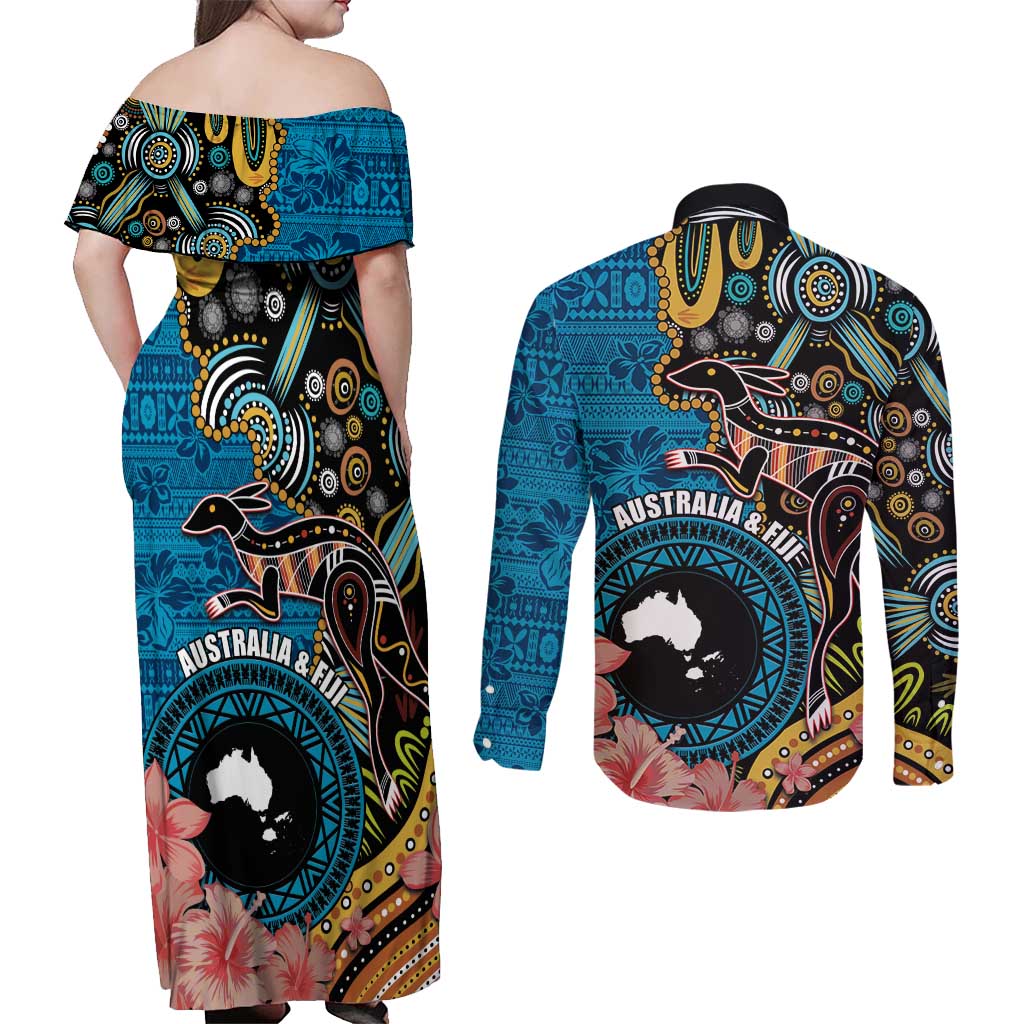 Fiji and Australia Kangaroos Couples Matching Off Shoulder Maxi Dress and Long Sleeve Button Shirt Indigenous Aboriginal and Fijian Masi Tribal Tattoo LT03 - Polynesian Pride