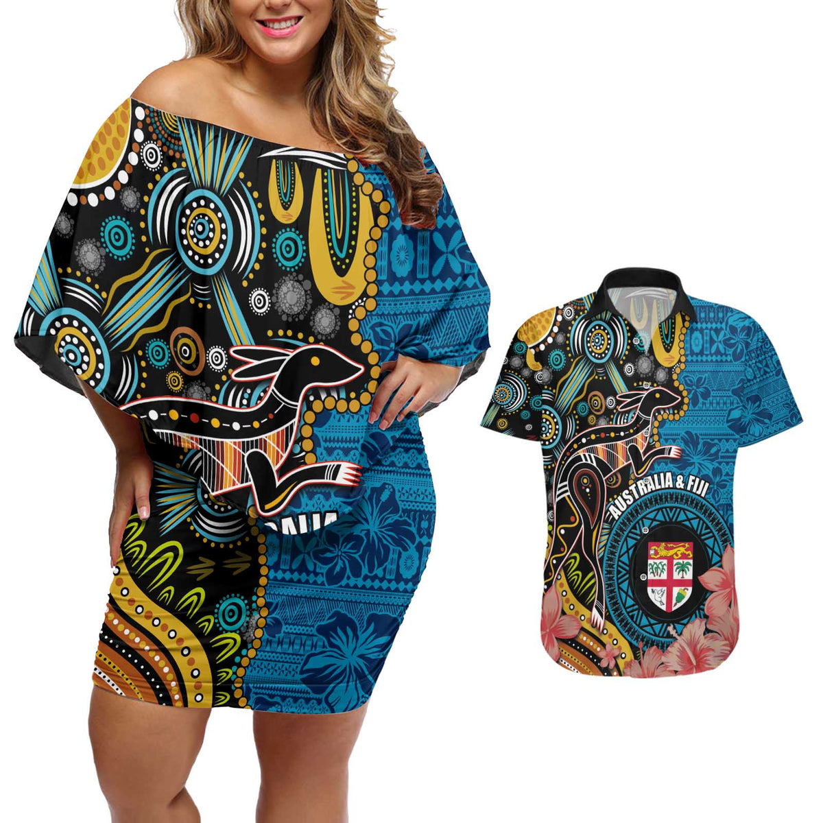 Fiji and Australia Kangaroos Couples Matching Off Shoulder Short Dress and Hawaiian Shirt Indigenous Aboriginal and Fijian Masi Tribal Tattoo LT03 Blue - Polynesian Pride