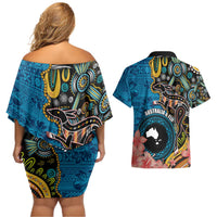 Fiji and Australia Kangaroos Couples Matching Off Shoulder Short Dress and Hawaiian Shirt Indigenous Aboriginal and Fijian Masi Tribal Tattoo LT03 - Polynesian Pride