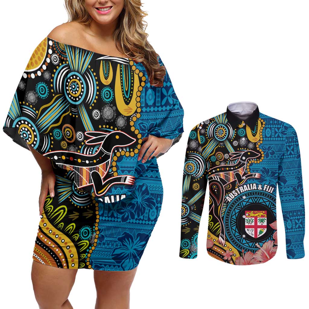 Fiji and Australia Kangaroos Couples Matching Off Shoulder Short Dress and Long Sleeve Button Shirt Indigenous Aboriginal and Fijian Masi Tribal Tattoo LT03 Blue - Polynesian Pride