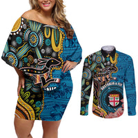 Fiji and Australia Kangaroos Couples Matching Off Shoulder Short Dress and Long Sleeve Button Shirt Indigenous Aboriginal and Fijian Masi Tribal Tattoo LT03 Blue - Polynesian Pride