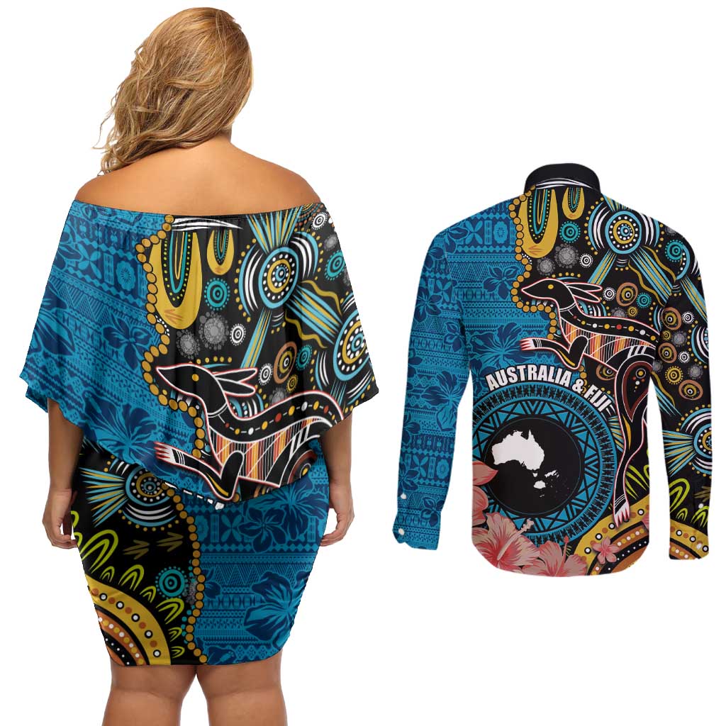 Fiji and Australia Kangaroos Couples Matching Off Shoulder Short Dress and Long Sleeve Button Shirt Indigenous Aboriginal and Fijian Masi Tribal Tattoo LT03 - Polynesian Pride