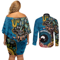 Fiji and Australia Kangaroos Couples Matching Off Shoulder Short Dress and Long Sleeve Button Shirt Indigenous Aboriginal and Fijian Masi Tribal Tattoo LT03 - Polynesian Pride