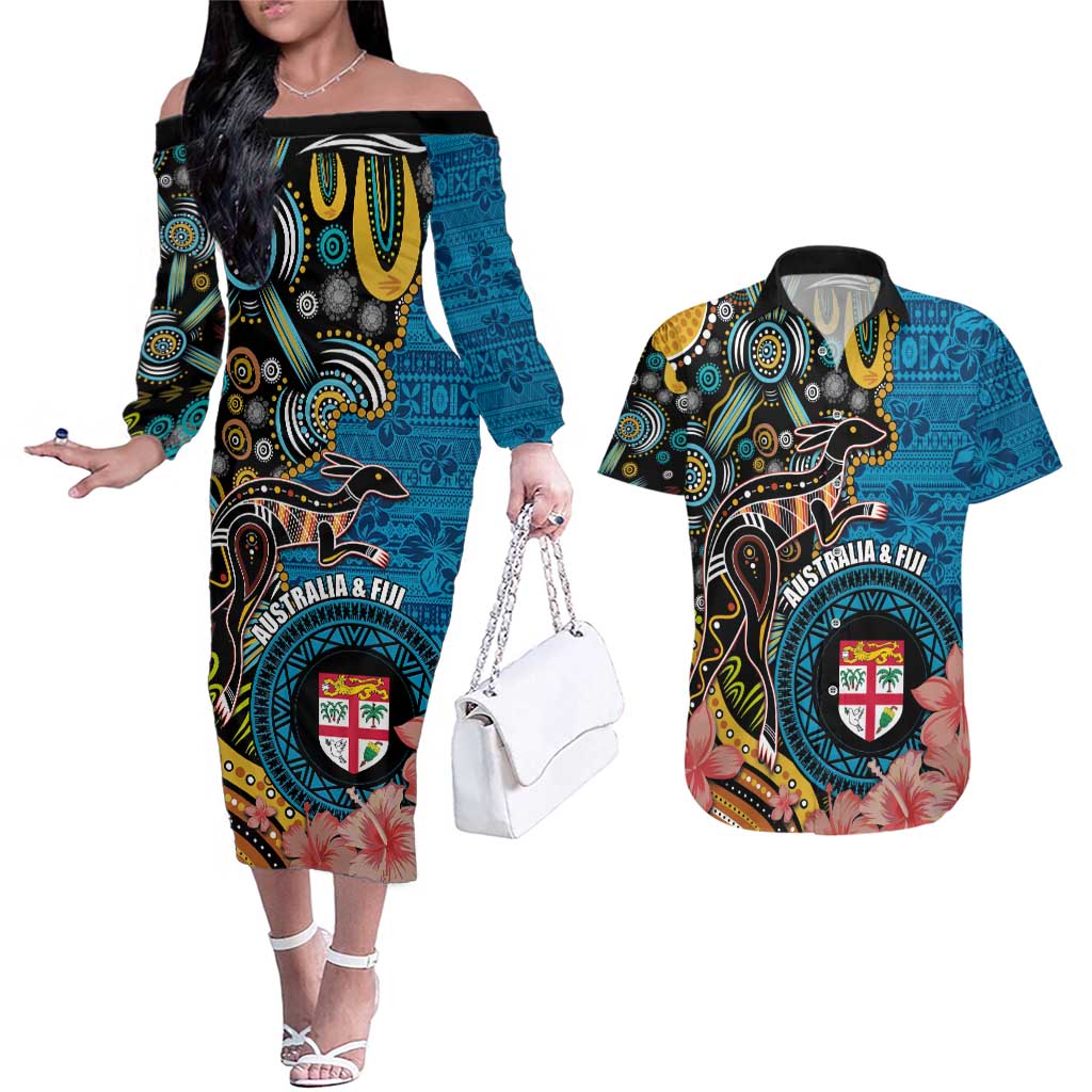 Fiji and Australia Kangaroos Couples Matching Off The Shoulder Long Sleeve Dress and Hawaiian Shirt Indigenous Aboriginal and Fijian Masi Tribal Tattoo LT03 Blue - Polynesian Pride