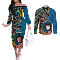 Fiji and Australia Kangaroos Couples Matching Off The Shoulder Long Sleeve Dress and Long Sleeve Button Shirt Indigenous Aboriginal and Fijian Masi Tribal Tattoo LT03 Blue - Polynesian Pride