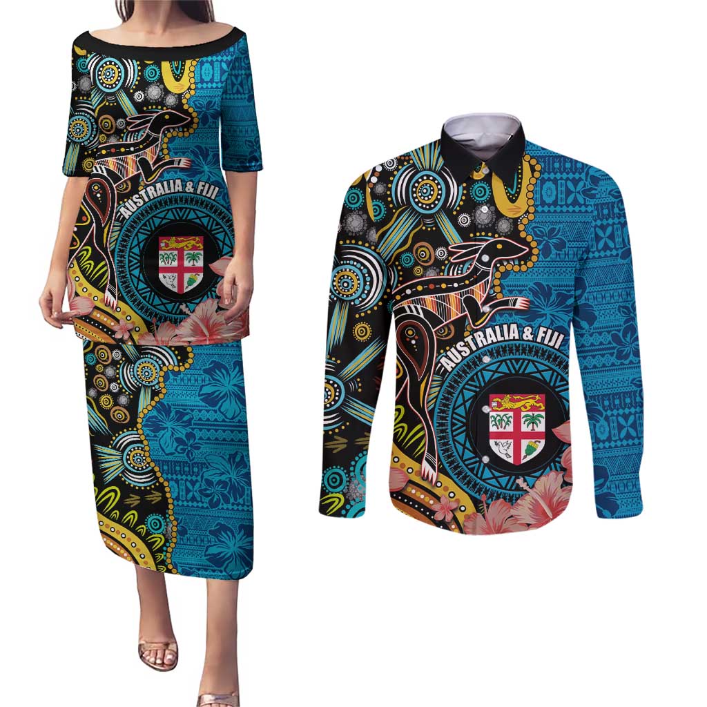 Fiji and Australia Kangaroos Couples Matching Puletasi and Long Sleeve Button Shirt Indigenous Aboriginal and Fijian Masi Tribal Tattoo LT03 Blue - Polynesian Pride