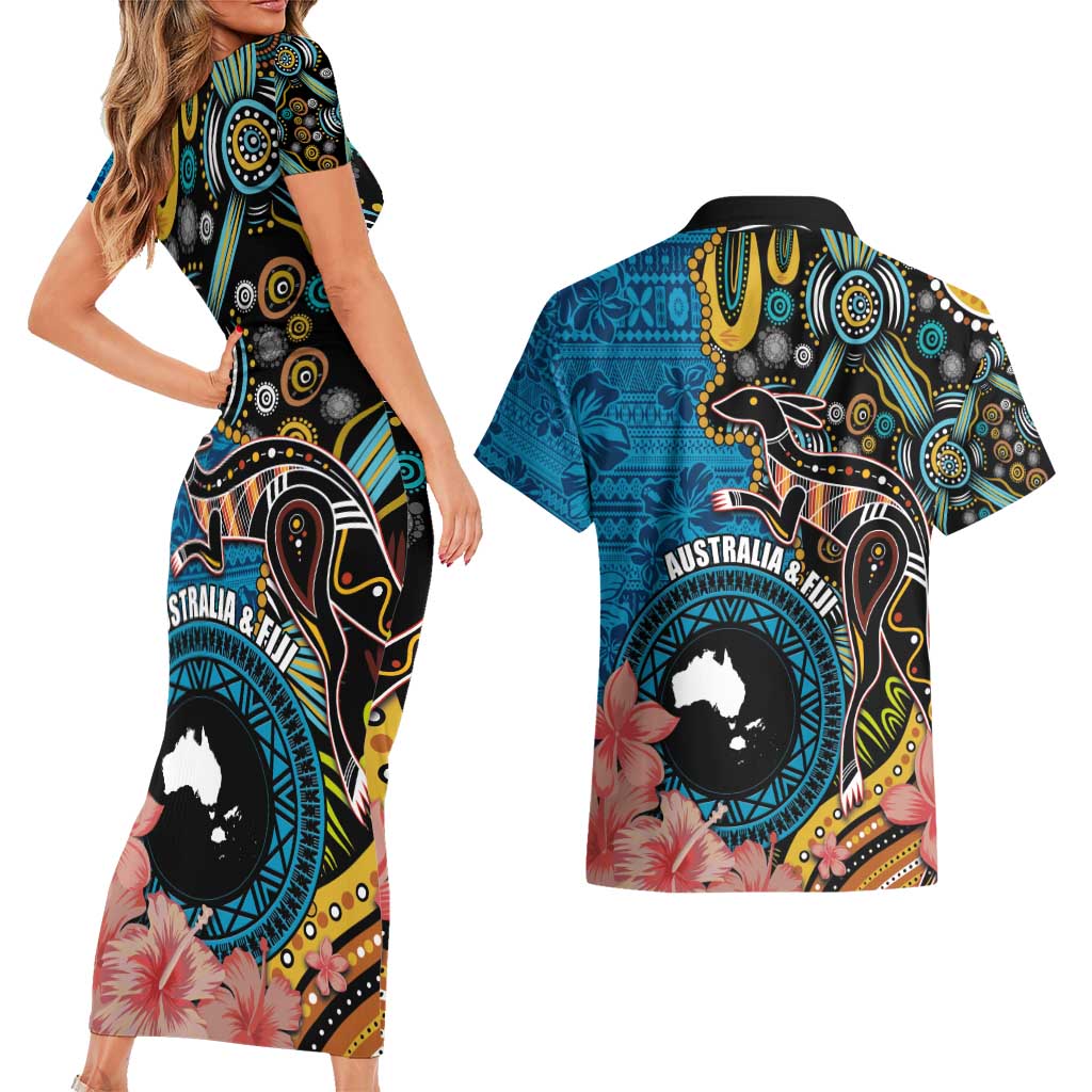 Fiji and Australia Kangaroos Couples Matching Short Sleeve Bodycon Dress and Hawaiian Shirt Indigenous Aboriginal and Fijian Masi Tribal Tattoo LT03 - Polynesian Pride