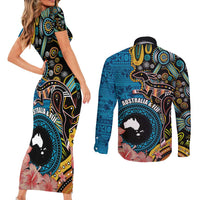 Fiji and Australia Kangaroos Couples Matching Short Sleeve Bodycon Dress and Long Sleeve Button Shirt Indigenous Aboriginal and Fijian Masi Tribal Tattoo LT03 - Polynesian Pride