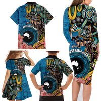 Fiji and Australia Kangaroos Family Matching Long Sleeve Bodycon Dress and Hawaiian Shirt Indigenous Aboriginal and Fijian Masi Tribal Tattoo LT03 - Polynesian Pride