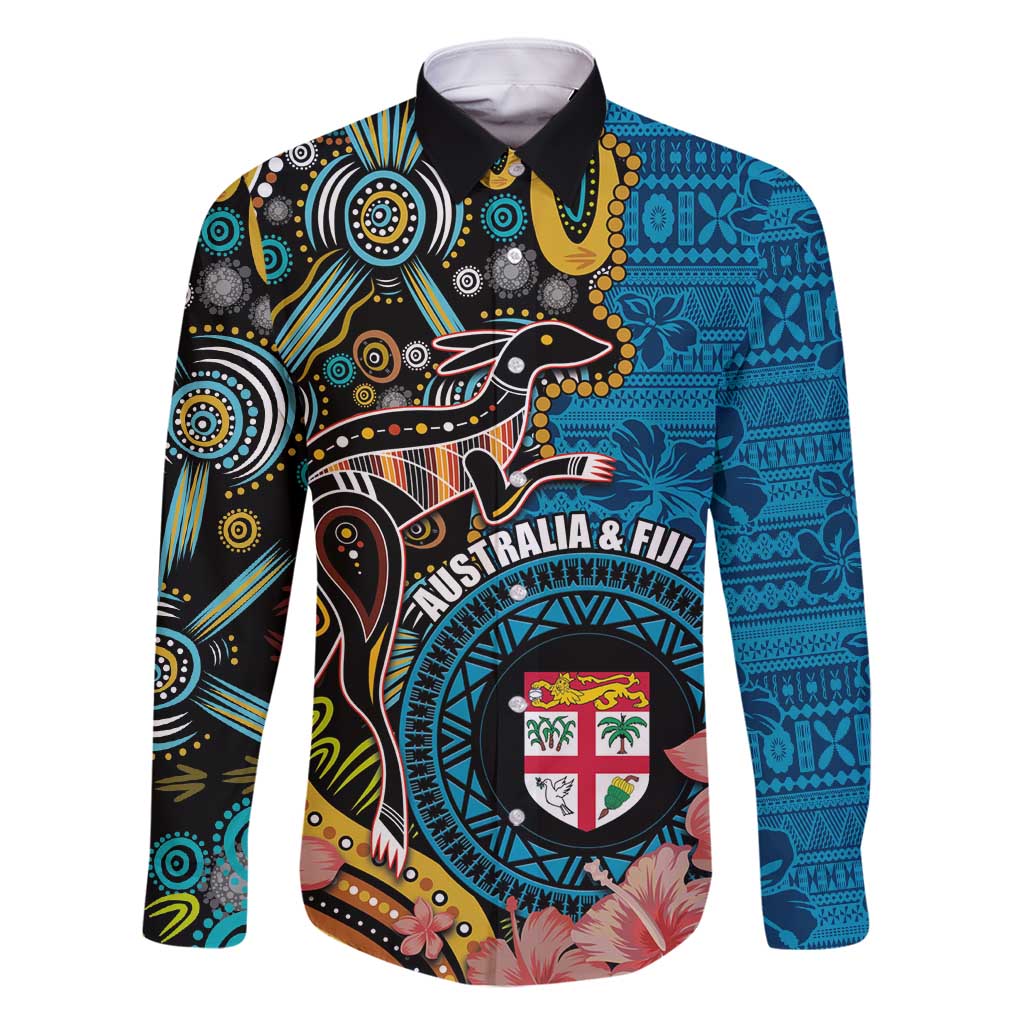 Fiji and Australia Kangaroos Family Matching Long Sleeve Bodycon Dress and Hawaiian Shirt Indigenous Aboriginal and Fijian Masi Tribal Tattoo LT03 Dad's Shirt - Long Sleeve Blue - Polynesian Pride