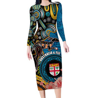 Fiji and Australia Kangaroos Family Matching Long Sleeve Bodycon Dress and Hawaiian Shirt Indigenous Aboriginal and Fijian Masi Tribal Tattoo LT03 Mom's Dress Blue - Polynesian Pride