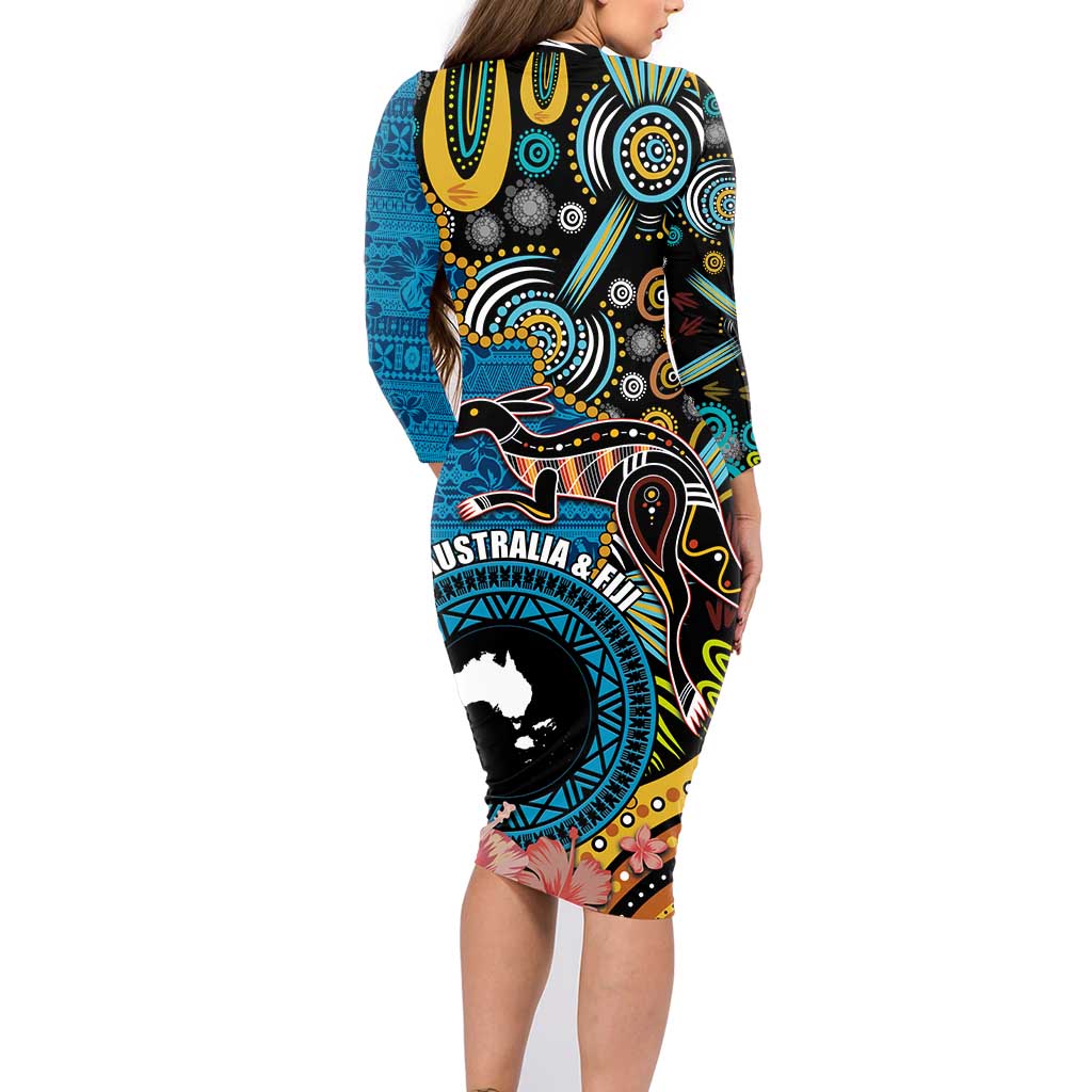 Fiji and Australia Kangaroos Family Matching Long Sleeve Bodycon Dress and Hawaiian Shirt Indigenous Aboriginal and Fijian Masi Tribal Tattoo LT03 - Polynesian Pride
