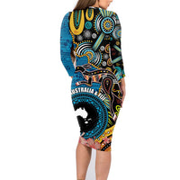 Fiji and Australia Kangaroos Family Matching Long Sleeve Bodycon Dress and Hawaiian Shirt Indigenous Aboriginal and Fijian Masi Tribal Tattoo LT03 - Polynesian Pride
