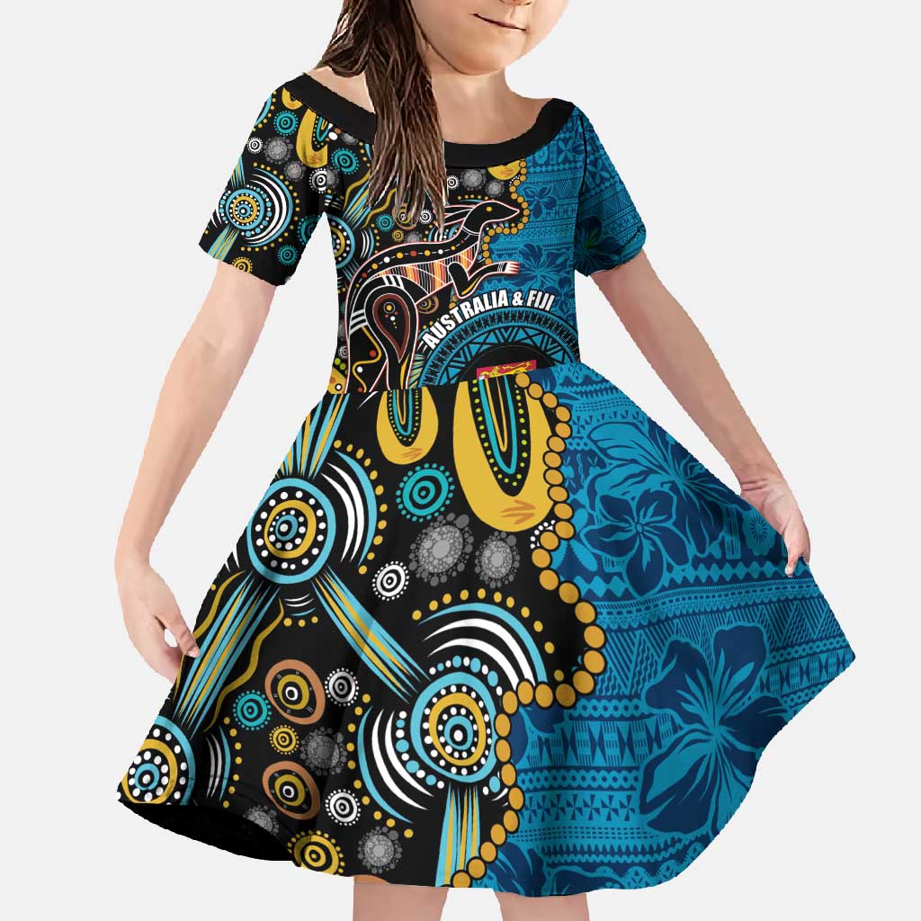 Fiji and Australia Kangaroos Family Matching Mermaid Dress and Hawaiian Shirt Indigenous Aboriginal and Fijian Masi Tribal Tattoo LT03 Daughter's Dress Blue - Polynesian Pride