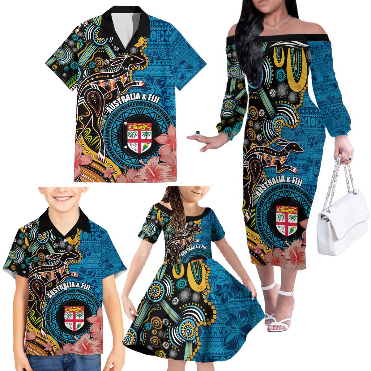 Fiji and Australia Kangaroos Family Matching Off The Shoulder Long Sleeve Dress and Hawaiian Shirt Indigenous Aboriginal and Fijian Masi Tribal Tattoo LT03 - Polynesian Pride