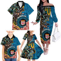 Fiji and Australia Kangaroos Family Matching Off The Shoulder Long Sleeve Dress and Hawaiian Shirt Indigenous Aboriginal and Fijian Masi Tribal Tattoo LT03 - Polynesian Pride