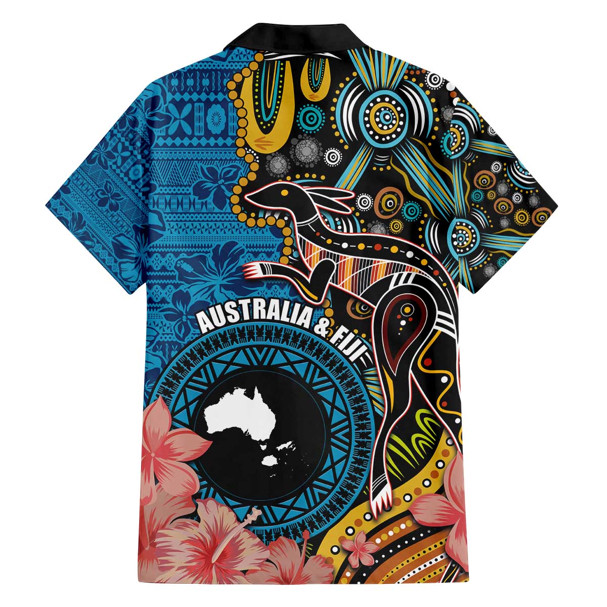 Fiji and Australia Kangaroos Family Matching Off The Shoulder Long Sleeve Dress and Hawaiian Shirt Indigenous Aboriginal and Fijian Masi Tribal Tattoo LT03 - Polynesian Pride