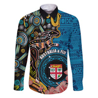 Fiji and Australia Kangaroos Family Matching Off The Shoulder Long Sleeve Dress and Hawaiian Shirt Indigenous Aboriginal and Fijian Masi Tribal Tattoo LT03 Dad's Shirt - Long Sleeve Blue - Polynesian Pride