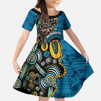Fiji and Australia Kangaroos Family Matching Off Shoulder Maxi Dress and Hawaiian Shirt Indigenous Aboriginal and Fijian Masi Tribal Tattoo LT03 Daughter's Dress Blue - Polynesian Pride