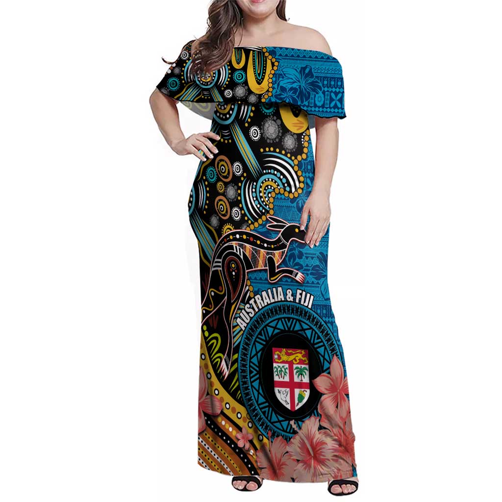 Fiji and Australia Kangaroos Family Matching Off Shoulder Maxi Dress and Hawaiian Shirt Indigenous Aboriginal and Fijian Masi Tribal Tattoo LT03 Mom's Dress Blue - Polynesian Pride