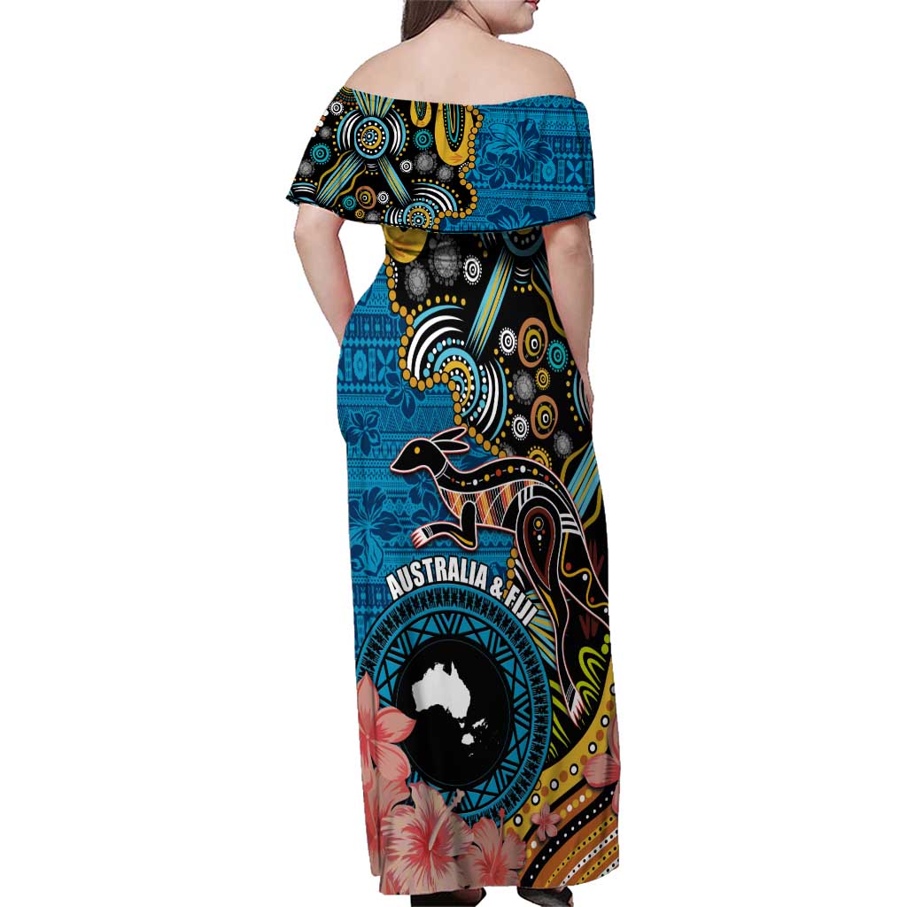 Fiji and Australia Kangaroos Family Matching Off Shoulder Maxi Dress and Hawaiian Shirt Indigenous Aboriginal and Fijian Masi Tribal Tattoo LT03 - Polynesian Pride