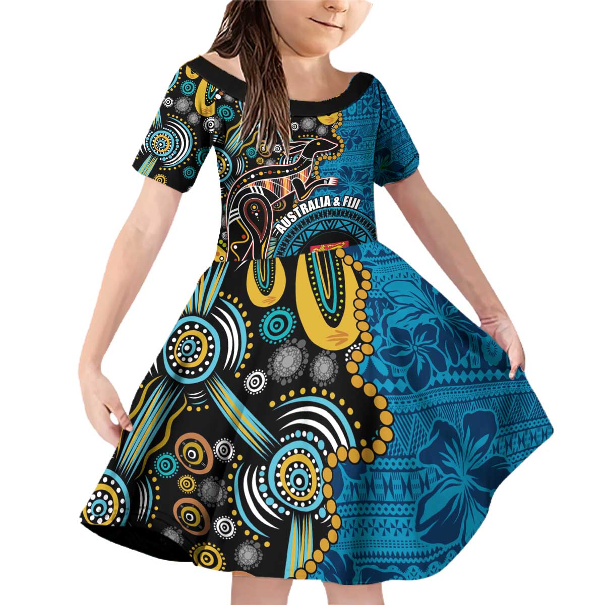 Fiji and Australia Kangaroos Family Matching Off Shoulder Short Dress and Hawaiian Shirt Indigenous Aboriginal and Fijian Masi Tribal Tattoo LT03 Daughter's Dress Blue - Polynesian Pride