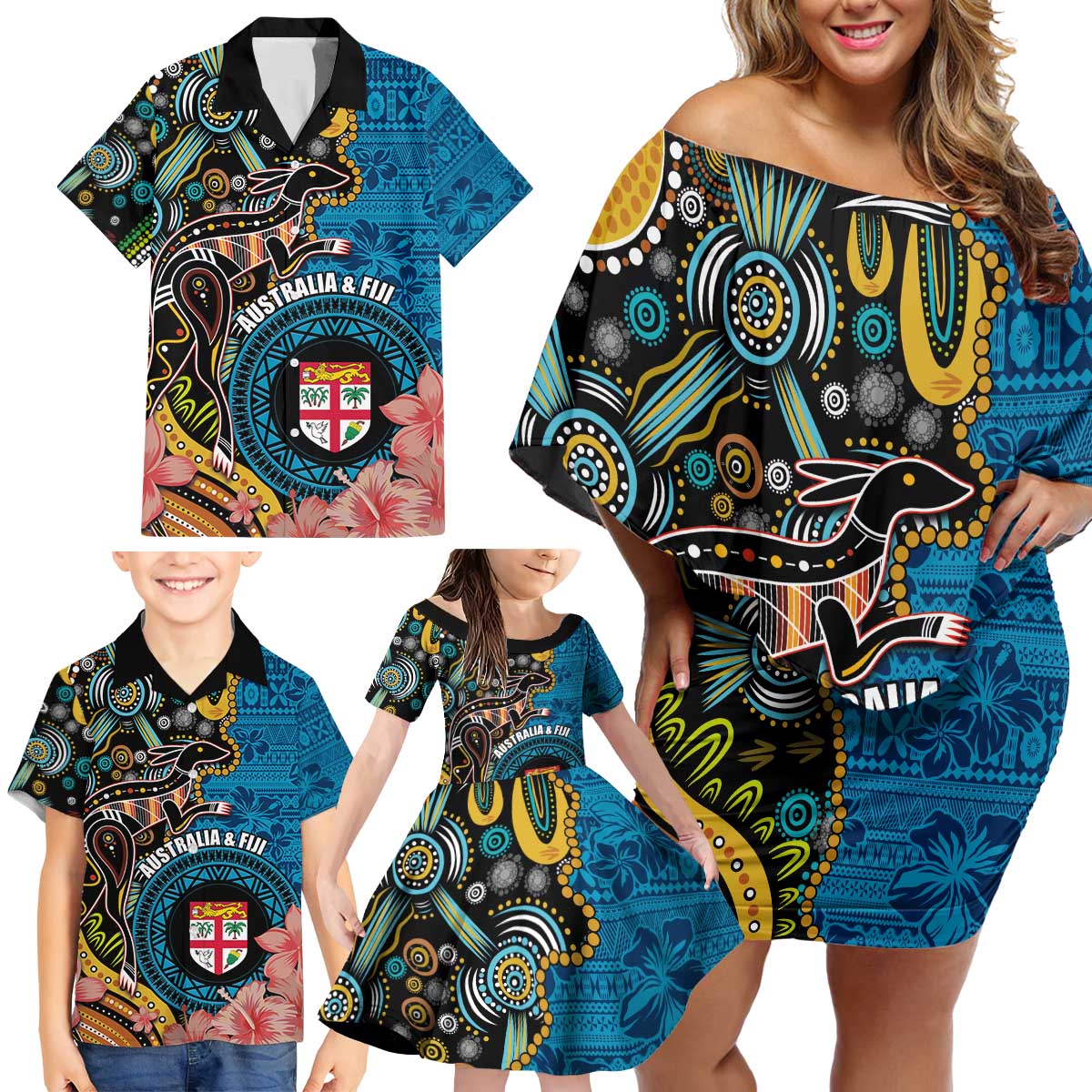 Fiji and Australia Kangaroos Family Matching Off Shoulder Short Dress and Hawaiian Shirt Indigenous Aboriginal and Fijian Masi Tribal Tattoo LT03 - Polynesian Pride
