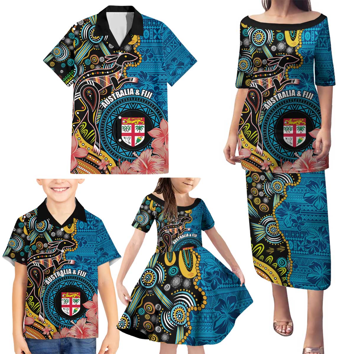 Fiji and Australia Kangaroos Family Matching Puletasi and Hawaiian Shirt Indigenous Aboriginal and Fijian Masi Tribal Tattoo LT03 - Polynesian Pride